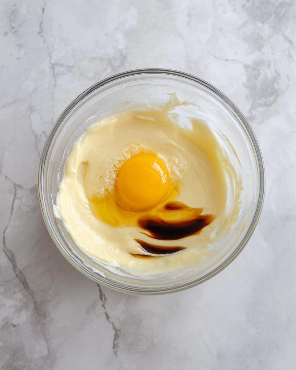 A clear glass bowl sits on a white marbled surface, holding a thick, creamy, pale yellow mixture as the base layer. On top of this, there is a shiny, bright yellow egg yolk placed near the center, and next to it are two streaks of dark brown vanilla extract, slightly blending with the creamy base. The bowl is transparent, showing the smooth texture and slight gloss of the ingredients inside. Photo taken with an iphone --ar 4:5 --v 7