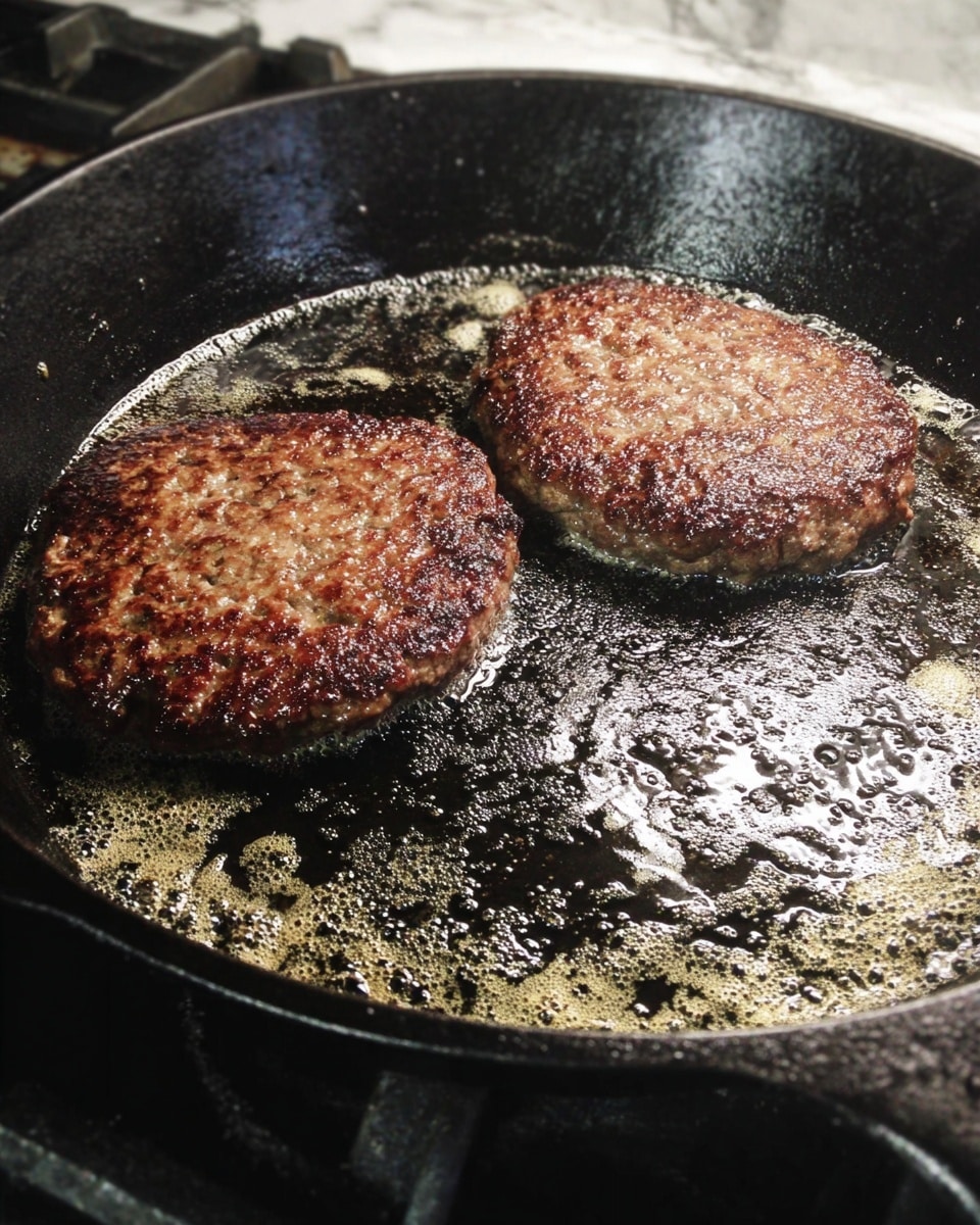 Two brown, cooked burger patties with a slightly crispy texture are frying in hot oil inside a black cast iron pan. The pan has a shiny, oily surface with small bubbles and bits of seasoning around the patties. The background is a white marbled texture. Photo taken with an iphone --ar 4:5 --v 7
