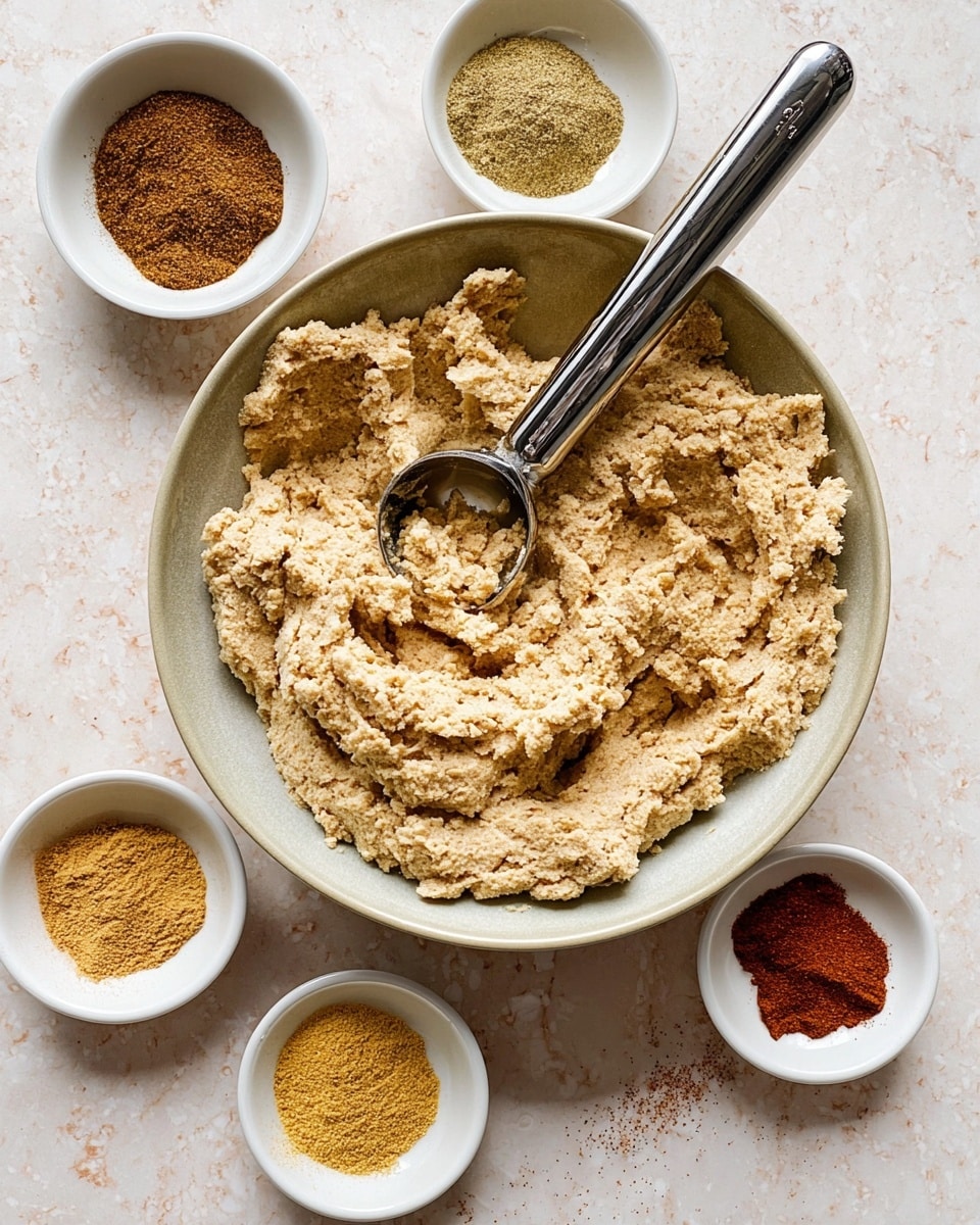 The image shows a large bowl filled with a rough-textured beige dough or mixture, with a silver ice cream scoop resting inside it. Around the main bowl, there are five small white bowls arranged in a loose circle. Each small bowl contains a different powdered spice or ingredient in varying shades of brown, yellow, and reddish-orange. The entire scene is set on a white marbled surface that adds a clean, bright background to the image. photo taken with an iphone --ar 4:5 --v 7