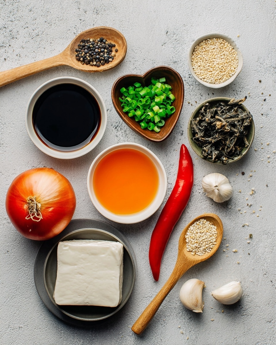 The image shows various cooking ingredients arranged on a light grey surface. There is a small white bowl with dark soy sauce near the top left, next to a wooden spoon filled with cracked black pepper. Above the center is a small brown heart-shaped bowl with chopped green onions. Below it is a medium white bowl with a bright orange liquid. To the right is a wooden spoon with white sesame seeds and a bright red chili pepper lies next to it. Near the center bottom, there is a bright red whole tomato and a shallot with golden-brown skin at the bottom left. Close to the tomato is a dark bowl holding a folded white tofu block. Next to it is a small white bowl filled with dark curly dried mushrooms. Two garlic cloves are placed near the top right. The surface is smooth and even textured, giving a clean look. photo taken with an iphone --ar 4:5 --v 7