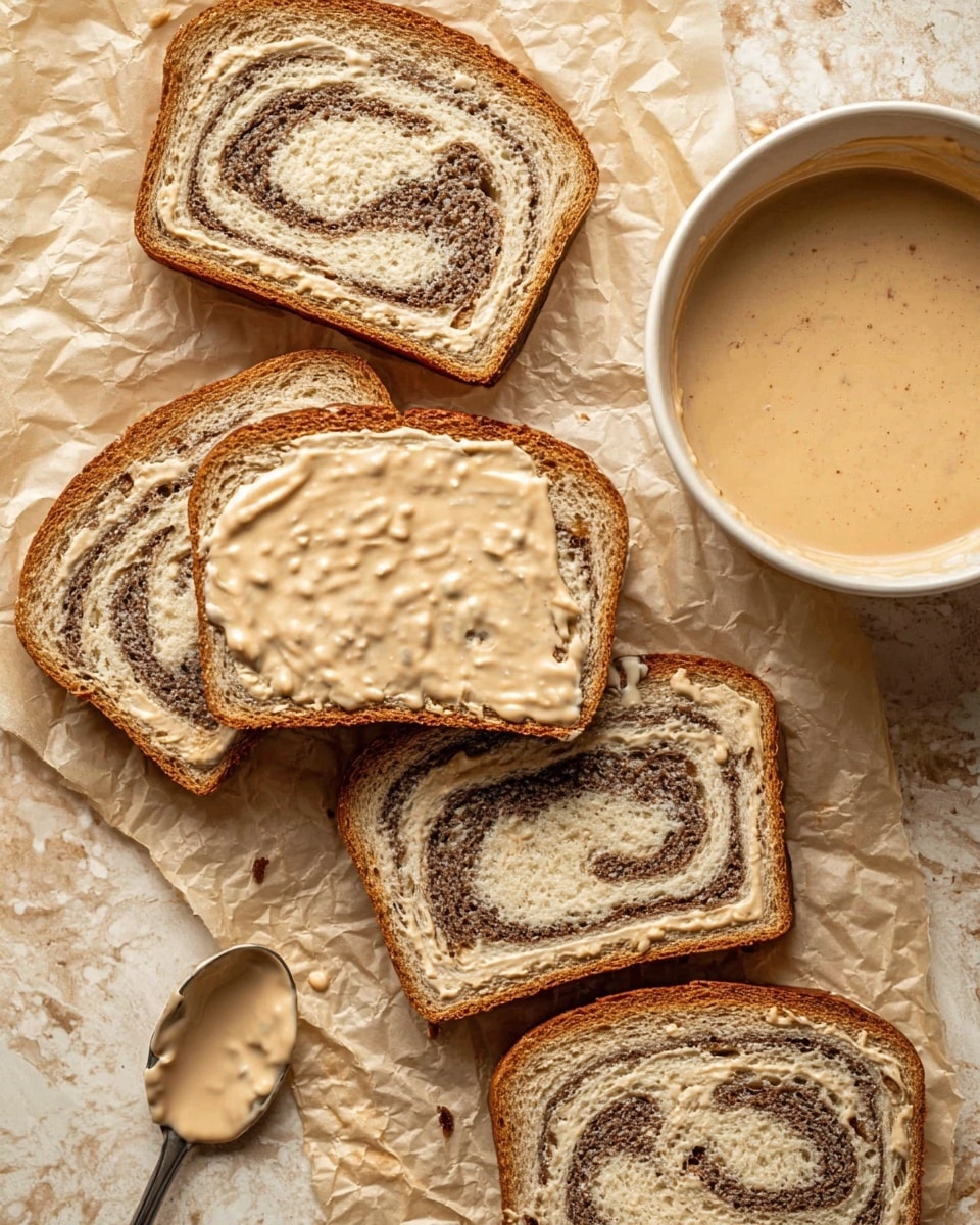Five slices of swirled brown and light brown bread are laid out on crinkled paper over a white marbled surface. Three slices are spread with a thick, creamy beige sauce with small chunks, while two slices at the bottom remain without sauce, showing the detailed swirl pattern of the bread. To the right side, there is a white bowl filled with the same beige sauce, and a spoon with some sauce on it rests on the surface nearby. photo taken with an iphone --ar 4:5 --v 7