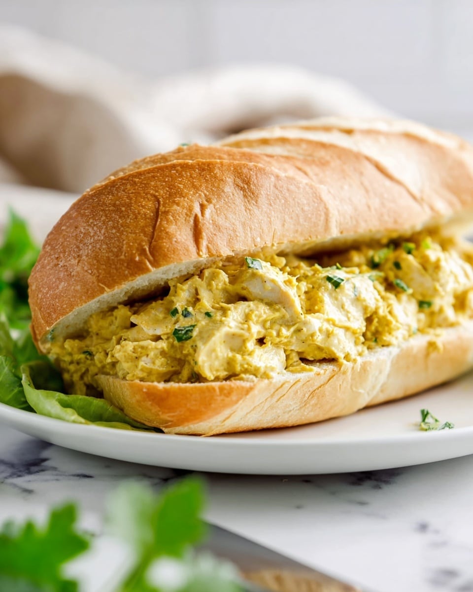 A white plate holds a sandwich with a light brown, soft baguette bun, slightly wrinkled on the top layer. Inside the sandwich, there is one thick layer of creamy, yellow chicken salad mixed with small green herb pieces, giving it a textured and chunky look. The sandwich rests on a white marbled surface with some green herbs blurred in the foreground and light, neutral background elements. Photo taken with an iphone --ar 4:5 --v 7