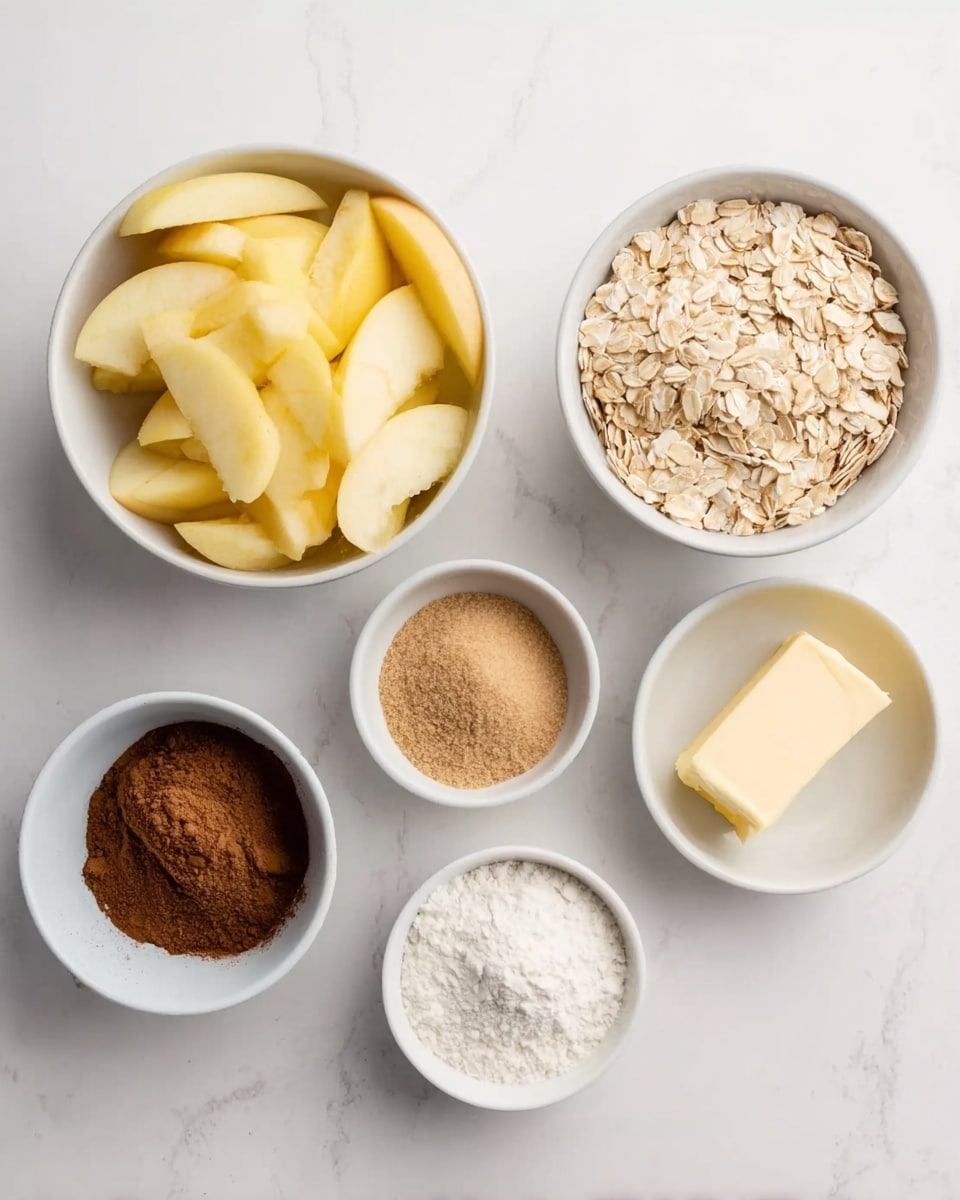 The image shows six small white bowls arranged on a white marbled surface. The largest bowl is filled with peeled and sliced yellow apples, placed slightly left. Above it, there is a bowl with oatmeal flakes, light beige in color. To the right of the oatmeal is a bowl containing light brown sugar. Below the oats and sugar, there is a bowl with a rectangular piece of pale yellow butter, and next to it a small bowl with white flour. Above the butter and to the left is a bowl filled with dark brown cinnamon powder. The bowls are evenly spaced and the image is bright with soft natural light, photo taken with an iphone --ar 4:5 --v 7