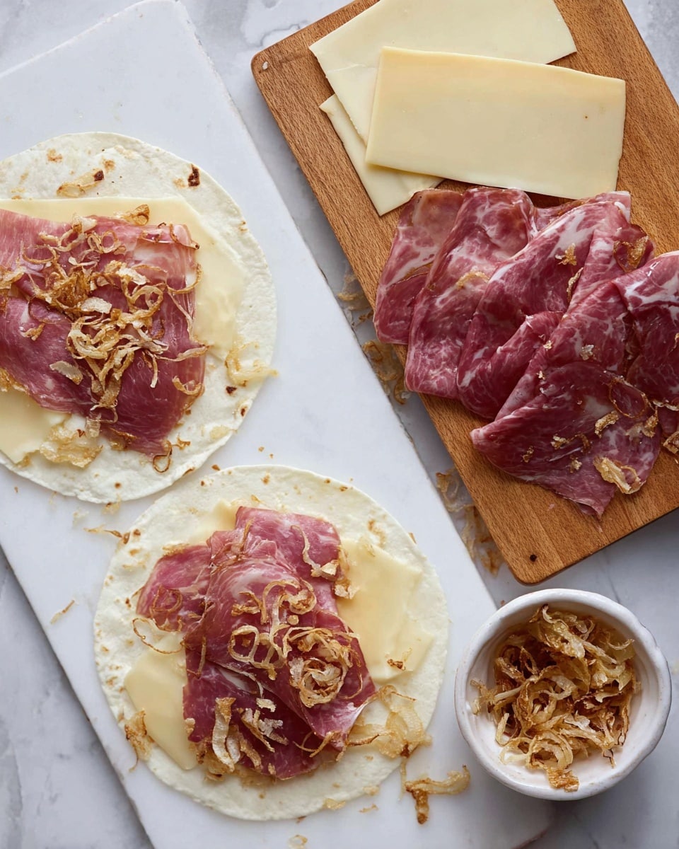 Two round white tortillas lie flat on a white marbled surface, each layered with pale yellow slices of cheese placed near the edges, topped with thin, pinkish slices of cured meat spread evenly across the center, and sprinkled with light brown crispy fried onions. To the right, a wooden cutting board holds several slices of the same pink meat and three round slices of pale yellow cheese. Next to the board is a white bowl filled with more crispy fried onions. Photo taken with an iphone --ar 4:5 --v 7