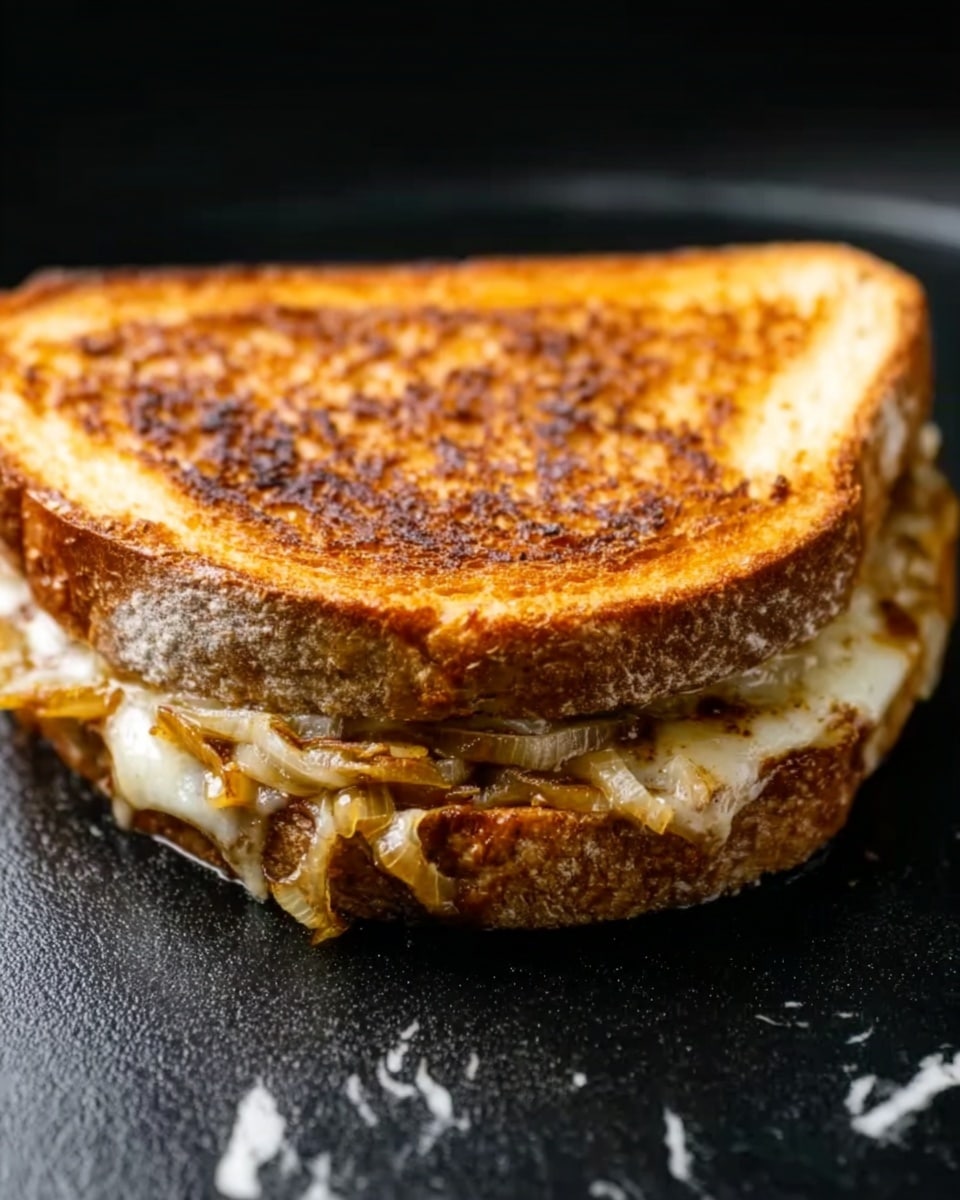 A toasted sandwich sits on a black surface with a white marbled texture below. The sandwich has two golden brown slices of bread with a slightly crispy texture and a few darker toasted spots. Inside, there are visible layers of melted cheese and soft, cooked onions with a caramel color, peeking out from between the bread slices near the bottom edge. The sandwich is shown close up, highlighting its warm and textured appearance. photo taken with an iphone --ar 4:5 --v 7