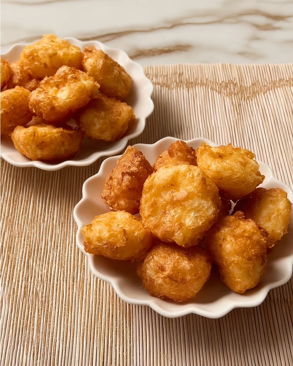 The image shows two white scalloped bowls filled with golden brown fried snacks that look crispy on the outside. Each snack has a rough round shape with slight uneven edges, suggesting a crunchy texture. The snacks are piled in the center of each bowl, with some touching each other. The scene is set on a white marbled textured surface with a striped beige placemat beneath the bowls. The overall look is warm and inviting, highlighting the golden color and texture of the fried pieces. photo taken with an iphone --ar 4:5 --v 7