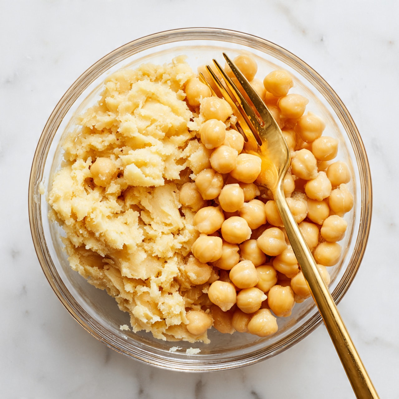 A clear glass bowl sits on a white marbled surface, filled halfway with two layers of chickpeas: on the left side, they are mashed and broken into smaller pieces with a creamy texture, while on the right side, whole smooth chickpeas form a neat block of round shapes. A golden fork rests inside the bowl, partially laying on the mashed chickpeas with bits stuck to its prongs. The colors range from light beige to pale yellow, showing the difference between the mashed and whole chickpeas. Photo taken with an iphone --ar 4:5 --v 7