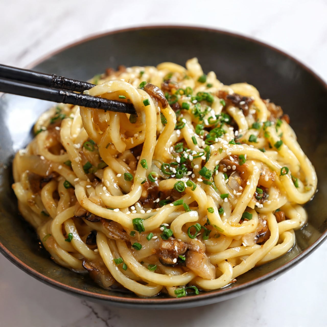 The dish shows thick, yellowish udon noodles with a shiny surface, mixed with small pieces of browned onion and mushrooms. The noodles are covered with a light brown sauce that glistens on their smooth texture. There are small green chopped chives scattered evenly on top, along with white sesame seeds sprinkled around. The food is in a dark pan with some sauce stains and bits stuck on the edges for a cooked, fresh look. A woman's hand with black gloves is gently lifting some noodles with black chopsticks from the left side. The background surface is white marbled. Photo taken with an iphone --ar 4:5 --v 7