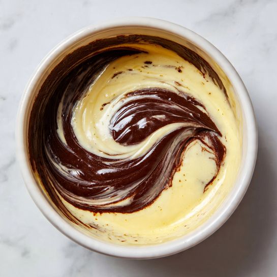 A close-up view of a bowl filled with a swirled mixture of two sauces, one dark brown and shiny, the other creamy pale yellow. The dark brown sauce forms the main spiral shape with glossy texture, while the pale yellow sauce is mixed around the edges and in the center, creating a marbled effect with smooth and slightly thick consistency. The mixture is held in a white bowl placed on a white marbled surface. Photo taken with an iphone --ar 4:5 --v 7