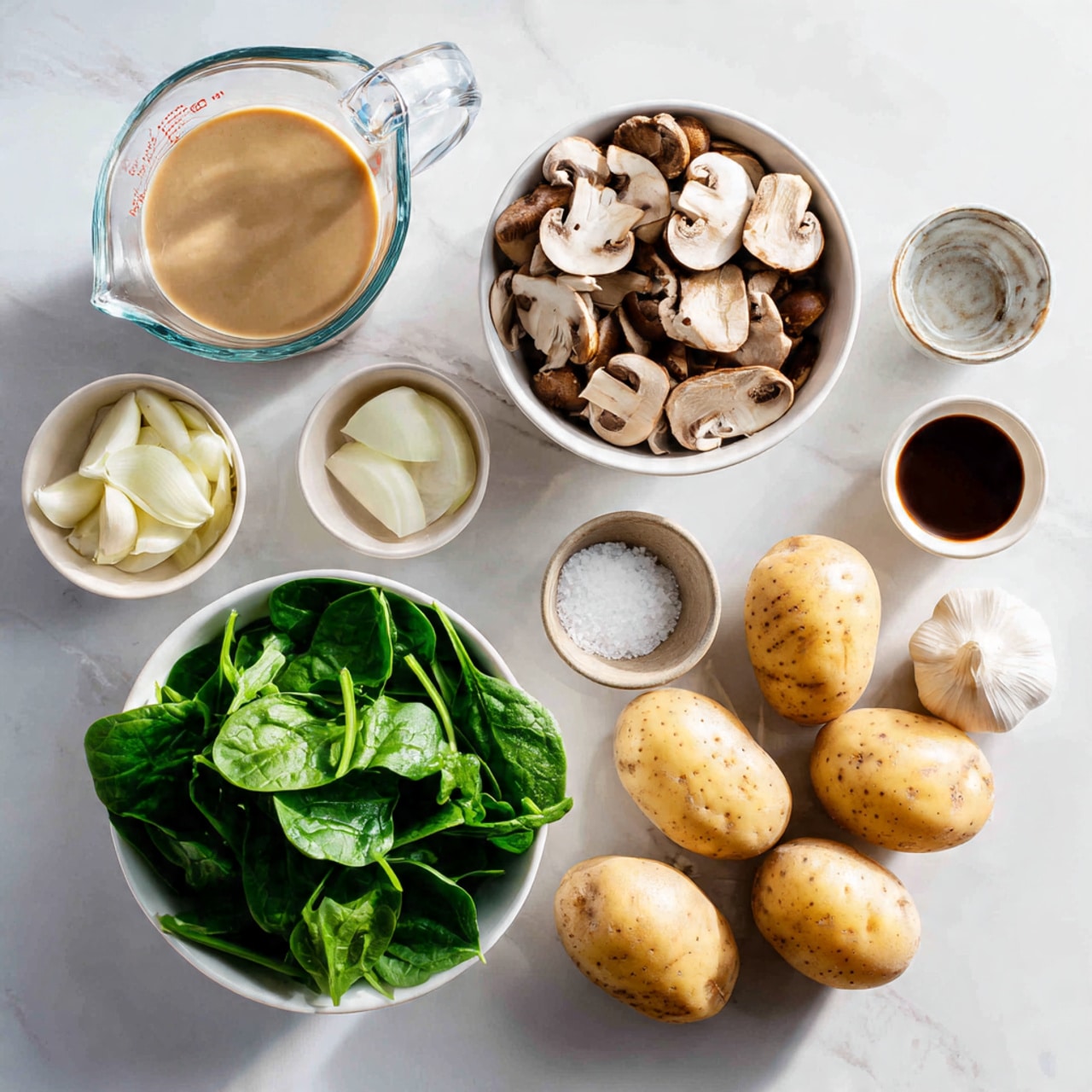 The image shows several cooking ingredients arranged neatly on a white marbled surface. There are four whole light brown potatoes placed on the right. On the left, a white bowl filled with fresh bright green spinach leaves sits below a white bowl full of sliced brown and white mushrooms. Above the mushrooms, there is a clear glass measuring cup with a light brown sauce inside. Around these main items are small white bowls containing light colored liquids, thick light brown paste, white slices of garlic, white solid fat, fine white salt crystals, and dark brown liquid sauce. The composition is simple and clean, with a soft natural light. Photo taken with an iphone --ar 4:5 --v 7