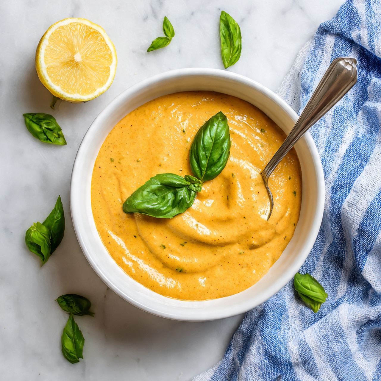 A small white bowl filled with a thick, creamy orange sauce with a slightly rough texture, topped with two fresh bright green basil leaves in the center. A silver spoon rests inside the bowl, pushing into the sauce from the top right. Around the bowl on a white marbled surface, there are scattered fresh basil leaves and a half lemon with a bright yellow inside on the top left. A blue and white striped cloth sits draped on the right side. Photo taken with an iphone --ar 4:5 --v 7