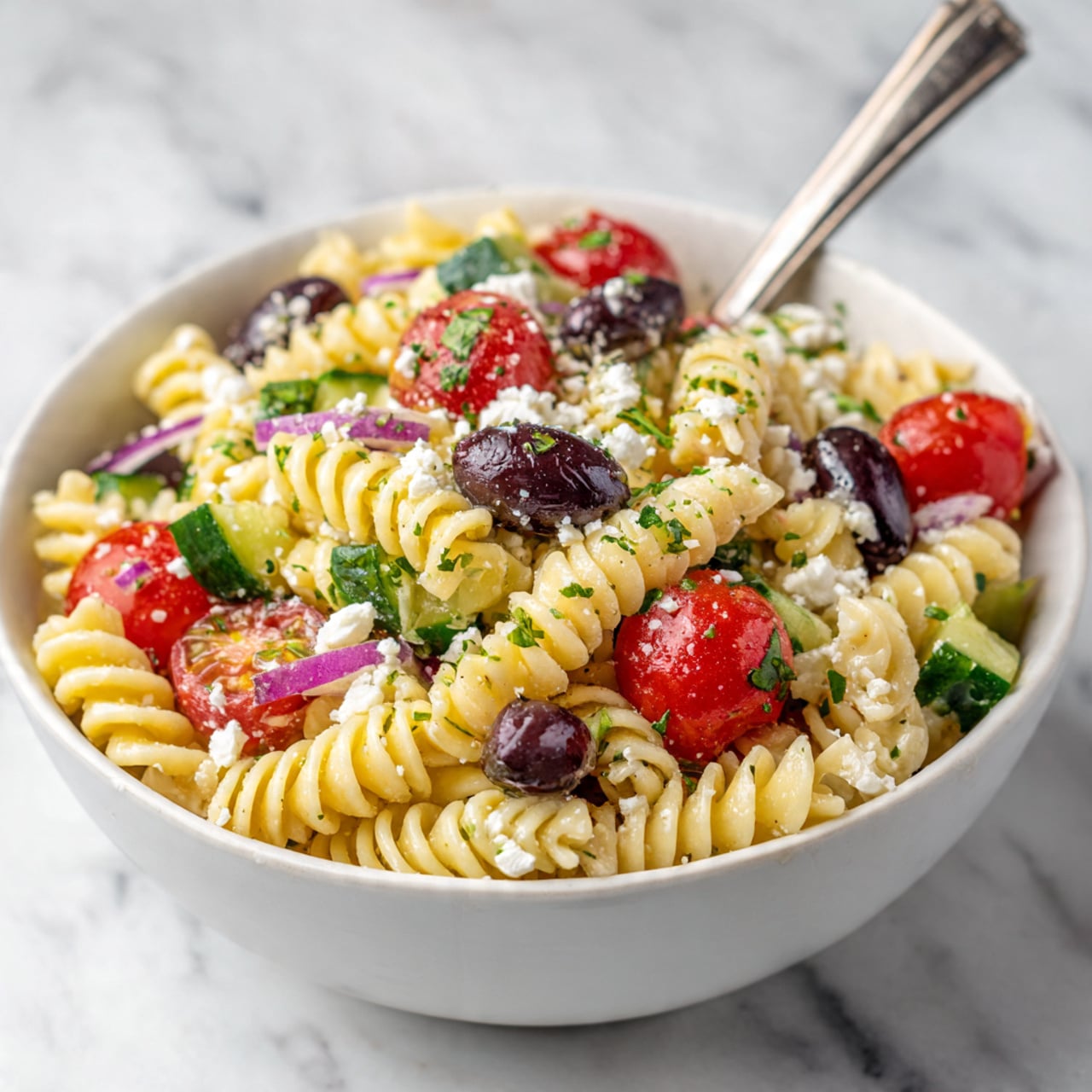 The image shows a white bowl filled with a colorful pasta salad. The base layer is made of light yellow spiral pasta. On top of the pasta, there are vibrant red cherry tomato halves, dark purple olives, and green cucumber pieces cut into chunks. White crumbled cheese is sprinkled evenly over the salad, along with small bits of purple onion. The entire dish is lightly dusted with green herbs. A shiny silver fork is stuck into the pasta, with a woman's hand holding it, positioned at the back left of the bowl. The bowl sits on a white marbled surface. photo taken with an iphone --ar 4:5 --v 7