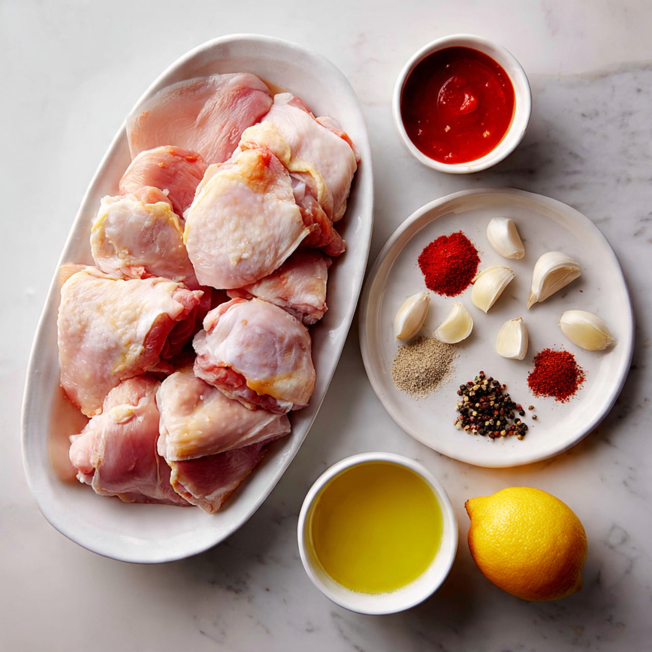 An oval white dish filled with raw chicken thighs showing a mix of light pink, pale yellow fat, and a little red spots, creating a soft yet textured appearance; to the top right on a white marbled surface is a round white plate holding red hot sauce in a small bowl, several spices arranged by color including bright red, black, white, and light brown, along with three peeled garlic cloves; below the spices to the right sits a small white bowl with light yellow olive oil, and half a lemon with a yellow rind and bright yellow flesh rests nearby. Photo taken with an iphone --ar 4:5 --v 7