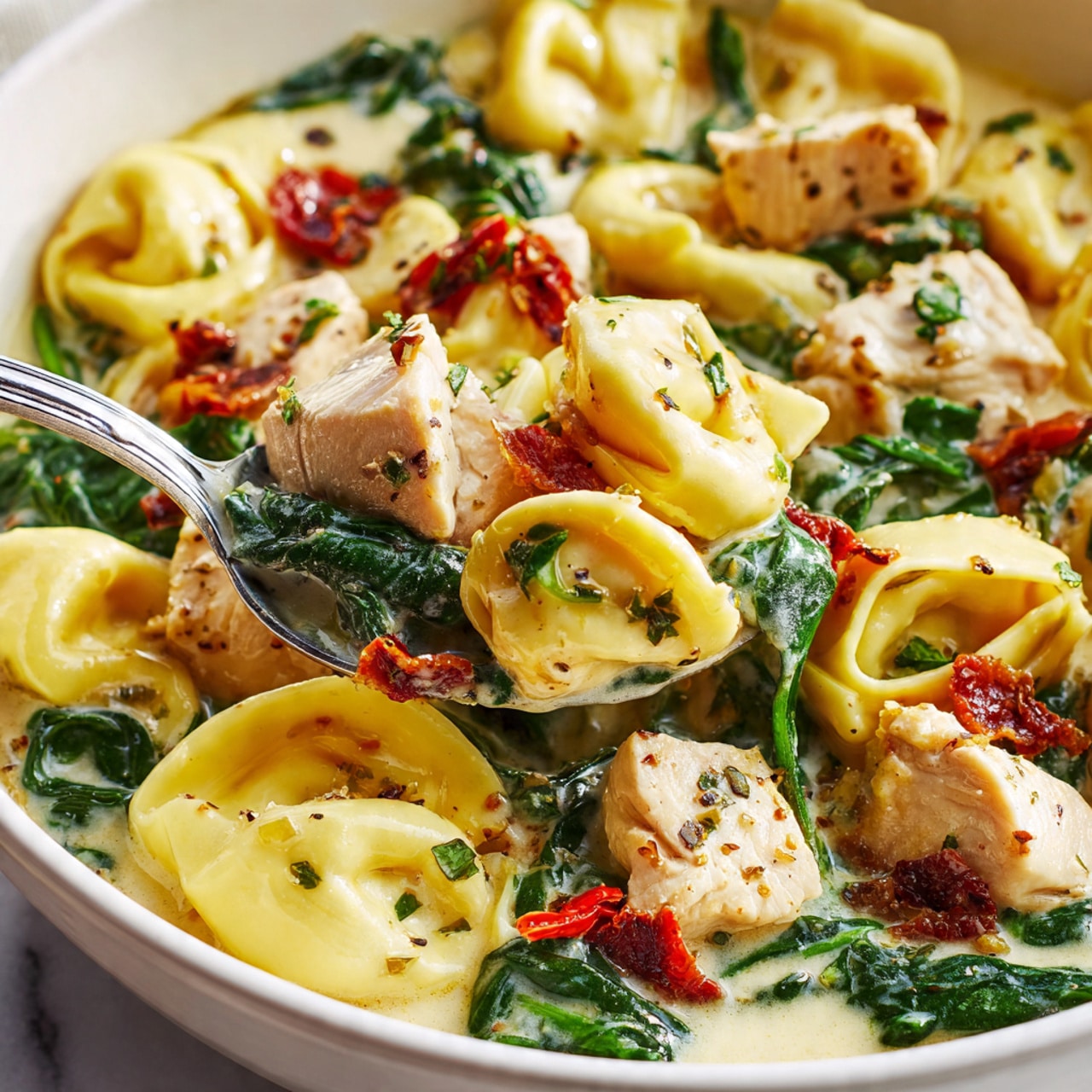 The image shows a close-up of a white spoon scooping a creamy pasta dish. The dish has three main layers: yellow tortellini pasta with a soft, smooth texture; pieces of light beige cooked chicken seasoned with herbs; and dark green wilted spinach leaves mixed with small pieces of reddish sun-dried tomatoes. These ingredients are mixed in a creamy, pale sauce with visible small herbs scattered throughout. The background is a white marbled texture with more pasta and greens filling the frame. Photo taken with an iphone --ar 4:5 --v 7