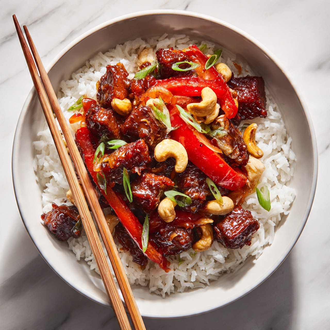Spicy Dragon Chicken with Cashews and Stir-Fried Vegetables Recipe 5 A white bowl filled with a base layer of fluffy white rice, topped with a mix of dark brown glazed pieces of meat, bright red bell pepper strips, and golden cashew nuts. There are small green onion slices sprinkled over the top for color. A pair of light wooden chopsticks rest diagonally on the edge of the bowl. The bowl sits on a surface with a white marbled texture. Photo taken with an iphone --ar 4:5 --v 7