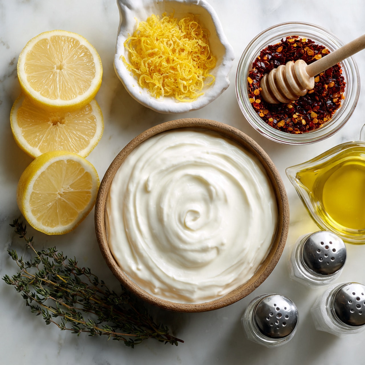 The image shows a flat lay of fresh ingredients on a white marbled surface. At the center, there is a round bowl filled with a thick, smooth white creamy mixture with visible soft swirls on top. To the left, two lemon halves are placed next to a small white wooden bowl containing bright yellow lemon zest. Above the bowl with cream, there is a small glass jar filled with dark red chili flakes mixed in oil, with a wooden honey dipper resting inside. Below the lemons, a small glass container holds a clear liquid. A small cluster of green thyme sprigs lies at the bottom left. On the bottom right, there are clear glass salt and black pepper shakers with metal lids tilted towards the bowl. Near the salt and pepper, a small white ceramic pitcher contains golden yellow olive oil. photo taken with an iphone --ar 4:5 --v 7
