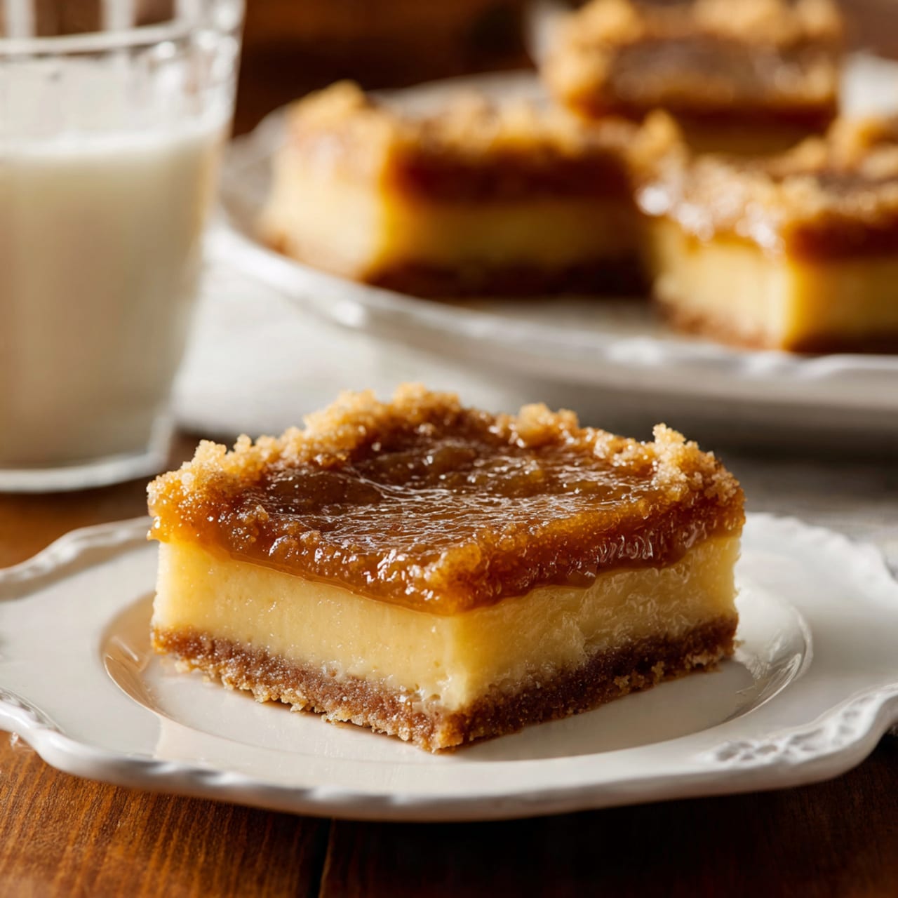 A square piece of dessert with two visible layers sits on a white plate with a scalloped edge. The bottom layer is a thick, pale yellow crust with a smooth texture. The top layer is a darker, brown filling with a slightly rough and sticky surface, showing a glossy and rich consistency. The dessert piece is placed on a wooden table, and in the background, more pieces of the same dessert rest on a white plate. A glass of milk is blurred in the background on the left side. Photo taken with an iphone --ar 4:5 --v 7