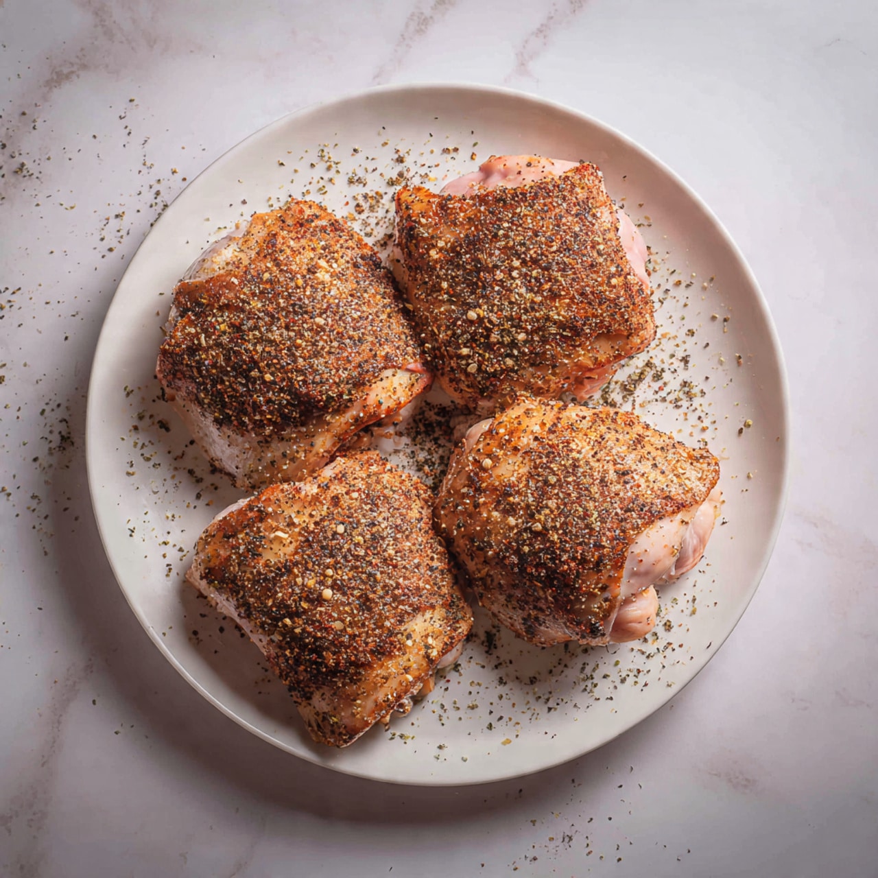 Four raw chicken pieces are arranged on a round white plate, each piece covered evenly with a layer of brown and black peppery seasoning. The chicken pieces have a pale pink color under the seasoning. The plate is set on a white marbled texture surface, with some seasoning sprinkled around the edges of the plate. The lighting highlights the texture of the chicken skin and the spiced coating. photo taken with an iphone --ar 4:5 --v 7