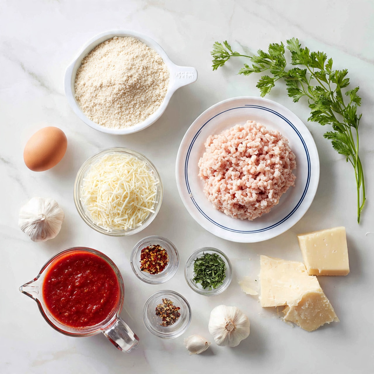 The image shows various cooking ingredients arranged neatly on a white marbled surface. In the top right, there is a mound of pale pink ground chicken placed on a white plate with blue rings. To its left, a white measuring cup holds light beige almond flour. Below the flour, a small glass bowl filled with shredded mozzarella cheese is visible, its texture soft and creamy white. A brown egg sits near the center, surrounded by small clear bowls containing seasonings: one with green herbs and the other with red chili flakes. A glass measuring cup with bright red tomato sauce is positioned in the lower left corner. On the right side, there are a few garlic cloves, a small bunch of fresh green parsley, and a chunk of pale yellow Parmesan cheese with a rough texture. The setup is clean and bright, with soft natural lighting highlighting the fresh ingredients. photo taken with an iphone --ar 4:5 --v 7