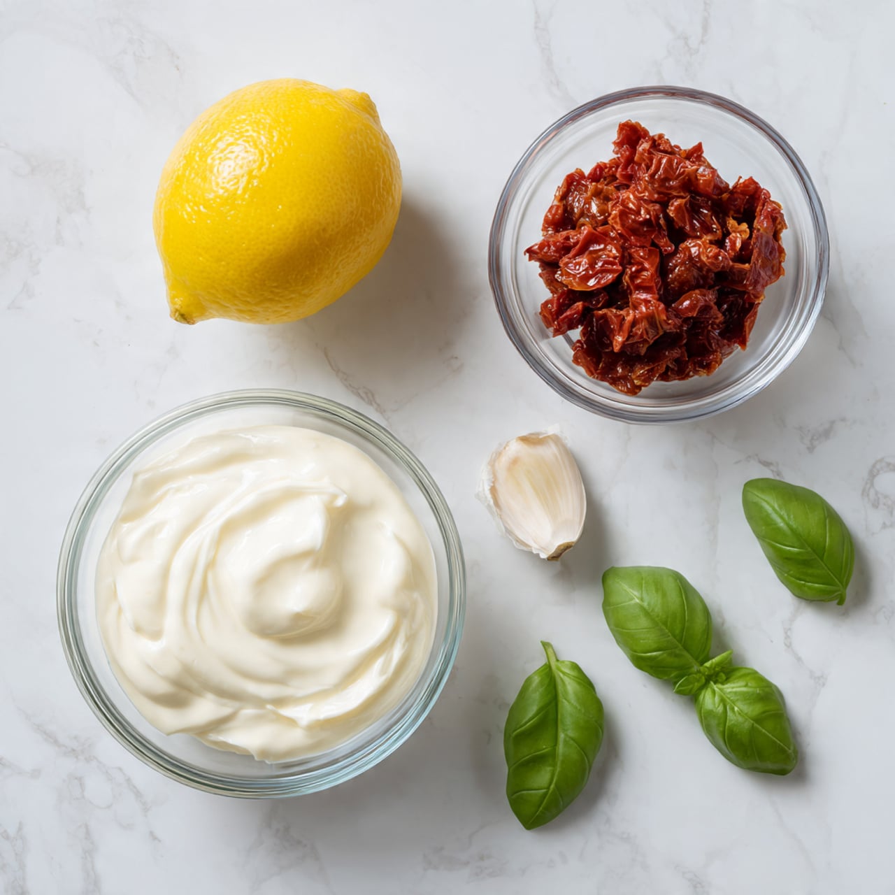 The image shows a white marbled surface with a bright yellow lemon placed on the top left. Below the lemon, there is a clear glass bowl filled with a creamy, light yellow-white sauce. To the right of the lemon, a single garlic clove rests on the surface. Further right, there is another clear glass bowl containing a chunky red mixture, likely sun-dried tomatoes or a similar ingredient. Below this bowl, three fresh green basil leaves are scattered neatly. The items are spaced apart, presenting a clean and simple look. photo taken with an iphone --ar 4:5 --v 7