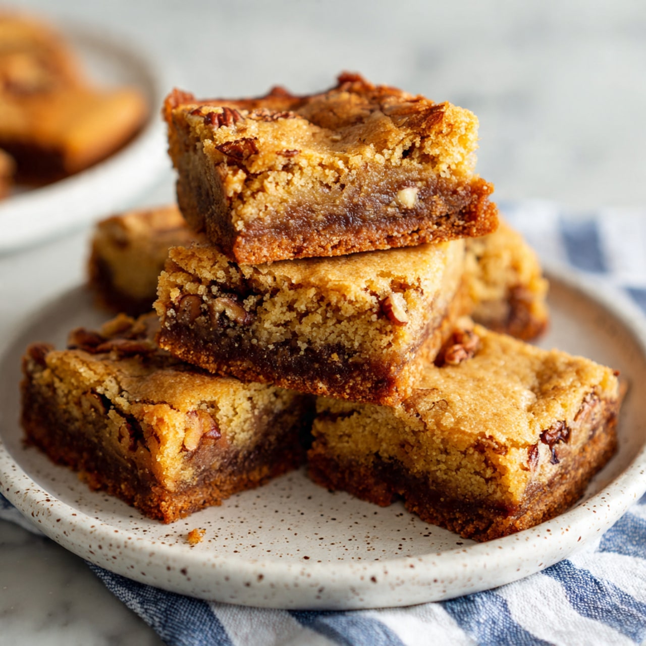 The image shows several square pieces of golden brown blondies stacked on a white plate with a speckled pattern. Each blondie has a soft and slightly cracked top layer, with bits of pecans and chocolate embedded on and just below the surface, adding texture and darker spots. The edges of the blondies are a bit crispier and deeper brown, while the inside appears moist and dense with a rich, warm brown color. The scene is set on a white marbled surface with a striped blue and white cloth underneath the plate. Photo taken with an iphone --ar 4:5 --v 7