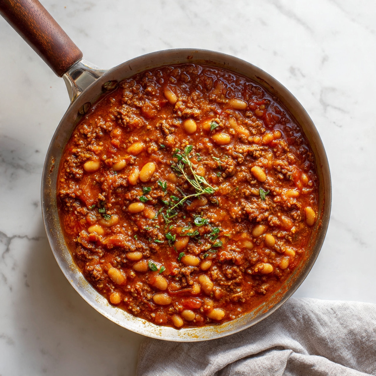 A round metal pan filled with a thick, rich stew made of small white beans mixed with ground meat in a reddish-brown sauce with visible small green herb pieces on top. The sauce has a chunky texture with bits of tomato and meat throughout. The pan handle sticks out at the top left, and the pan is placed on a white marbled surface. A light grey cloth and a wooden pepper grinder are partially visible to the bottom right of the pan. photo taken with an iphone --ar 4:5 --v 7