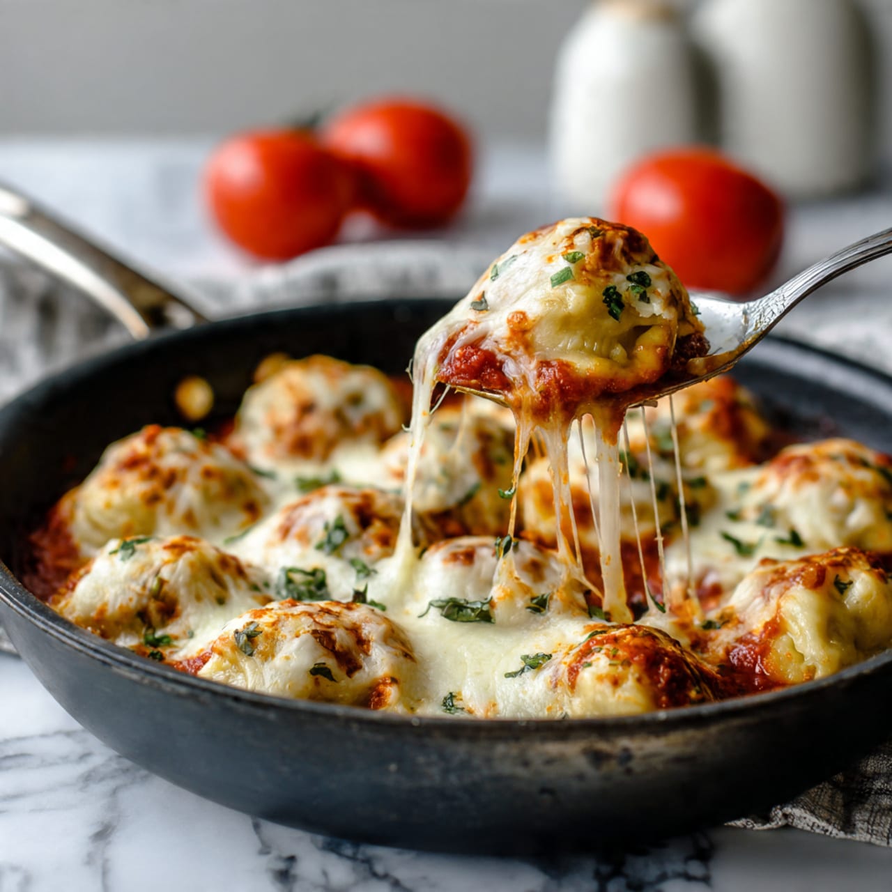 A close-up view of a black pan filled with several soft dumplings covered in golden melted cheese and red tomato sauce. The dumplings are chewy and slightly browned on top, with a stretchy cheesy layer connecting a spoonful lifted above the pan. Small bright green herb leaves are sprinkled on the top, adding fresh color. In the background, two whole red tomatoes and a white container sit softly blurred on a white marbled surface. Photo taken with an iphone --ar 4:5 --v 7