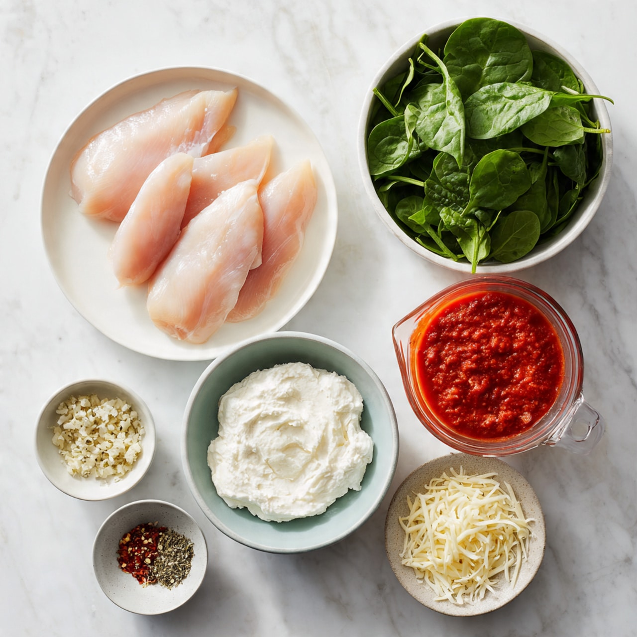 The image shows six bowls and a plate arranged neatly on a white marbled surface. The main item is three raw chicken fillets placed on a white plate at the top left. Below the plate, there is a small white bowl with minced garlic on the left and a larger white bowl filled with fresh green spinach leaves on the right. To the right of the spinach bowl, a glass measuring cup contains bright red pasta sauce. Below the sauce is a white bowl with smooth white ricotta cheese. To the bottom left, a small light grey bowl holds a mix of black pepper, dried herbs, red pepper flakes, and salt. Lastly, a small white bowl of shredded parmesan cheese sits at the bottom center. The arrangement is clean and well organized, with clear colors and textures visible. photo taken with an iphone --ar 4:5 --v 7