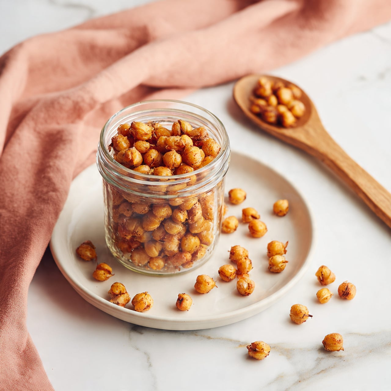 A clear glass jar filled with golden brown roasted chickpeas is placed on a white plate, which sits on a white marbled surface. Around the jar and plate, scattered roasted chickpeas add a rustic touch, while a wooden spoon holding more roasted chickpeas rests in the top right corner. A soft, peach-colored cloth is draped in the top left, contrasting gently with the clean white marbled background. photo taken with an iphone --ar 4:5 --v 7