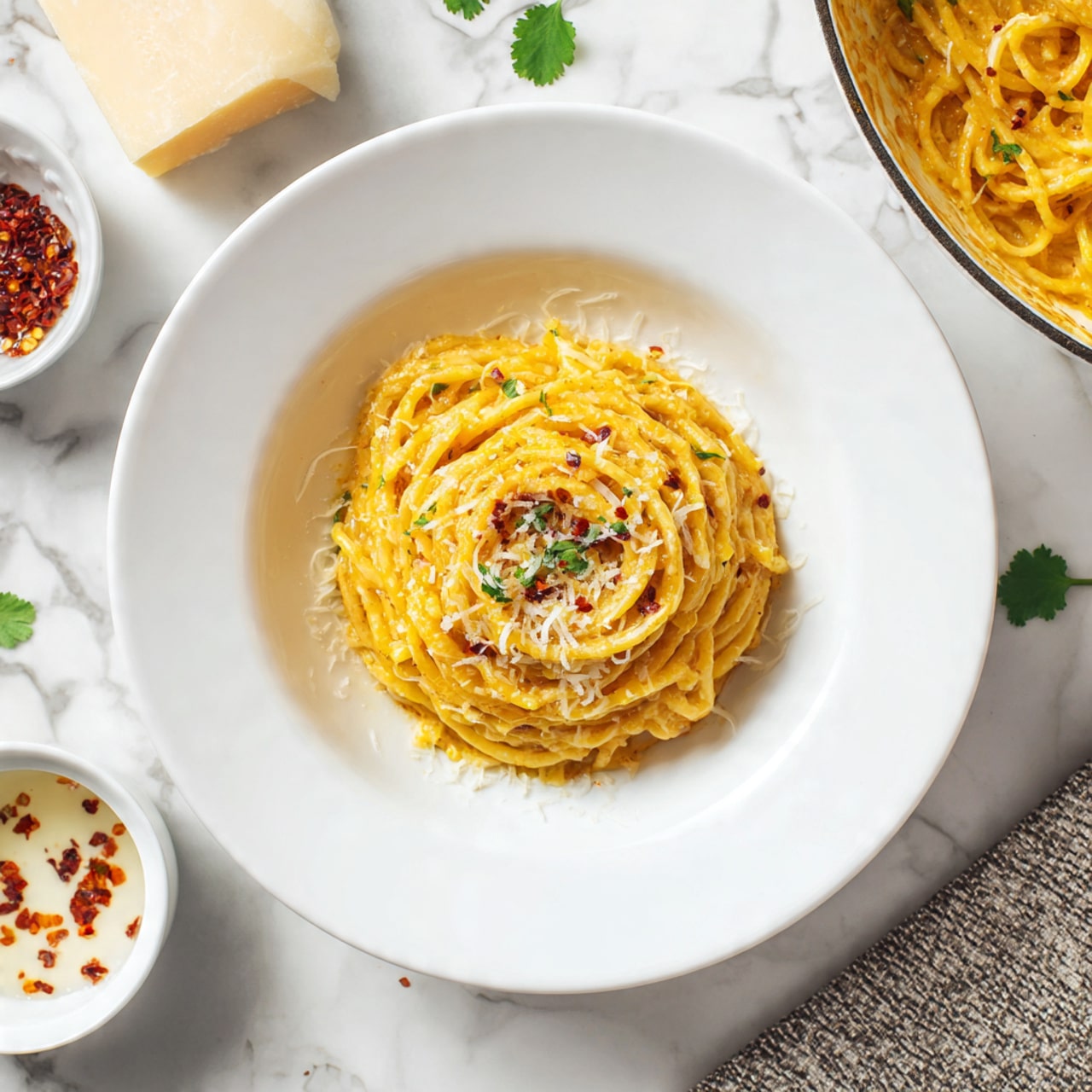 A round white plate holds one serving of creamy pasta layered in thick, yellow-orange sauce with a smooth texture. The pasta noodles are loosely twirled into a mound, topped with small green cilantro leaves and sprinkled with light, finely shredded pale cheese and small pieces of red chili flakes, giving pops of green, off-white, and dark red on yellow. Around the plate are a few loose cilantro leaves and drops of red chili oil. The setting is on a white marbled surface, with part of a white pan filled with more pasta and red chili flakes visible at the top right. A textured grayish-white plate with a block of pale yellow cheese and a small white bowl of red sauce with cilantro are partially seen near the bottom left and right corners. photo taken with an iphone --ar 4:5 --v 7