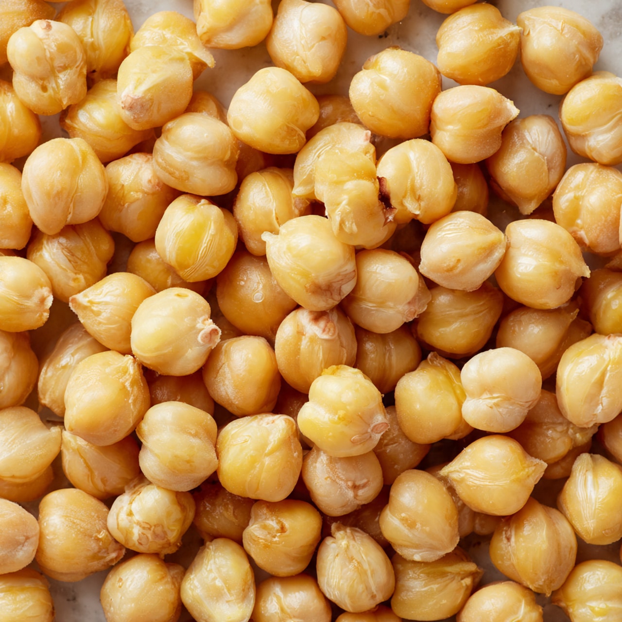 The image shows a close-up of a large group of cooked chickpeas. Each chickpea is round and light yellow to beige in color, with a smooth, slightly shiny surface. They fill the frame completely, overlapping each other with some small cracks and texture spots visible on a few. The background is a white marbled texture, blending softly with the edges of the chickpeas. photo taken with an iphone --ar 4:5 --v 7
