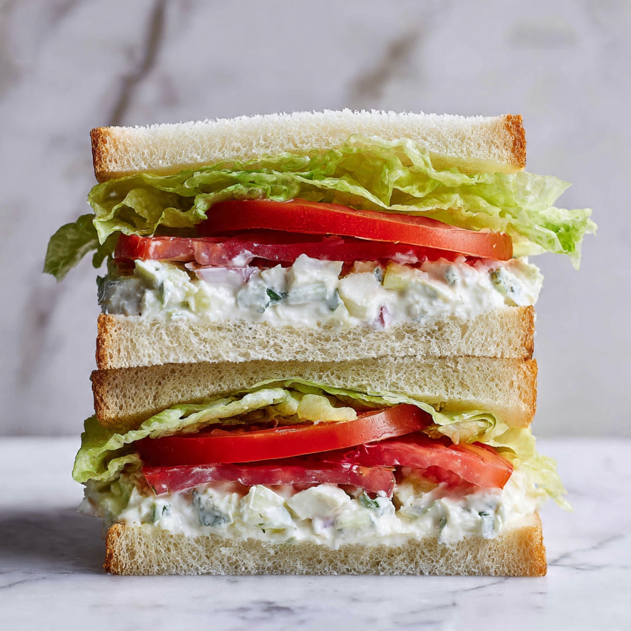 The image shows a close-up of a tall sandwich with four main layers. At the top and middle, there are two pieces of soft, light-colored bread with a spongy texture. Just below each top bread layer, there is a bright green lettuce leaf with ruffled edges. Below the top lettuce, there are thick slices of red tomatoes with a juicy appearance. Under the tomato layers, a creamy mixture with small chunks, likely a salad with white and pale green colors, is spread generously. The sandwich is stacked neatly but looks soft and fresh, and it rests on a white marbled surface. photo taken with an iphone --ar 4:5 --v 7