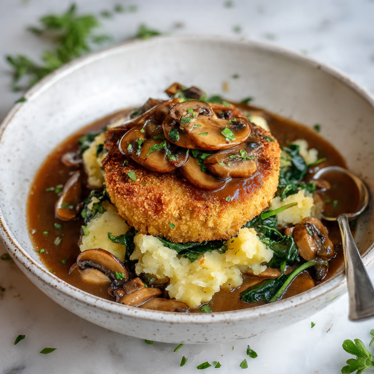 The dish shows one round golden-brown cooked patty placed near the top center of a white bowl with a speckled rim, topped with a glossy mixture of sliced light brown mushrooms and wilted dark green spinach. Below and to the front of the patty, there is a bed of soft, broken pieces of pale yellow mashed potatoes mixed with more mushrooms and spinach, all lightly coated in glossy brown sauce. Small bits of chopped green herbs are sprinkled around the bowl. A silver spoon with some mashed potatoes rests in the bowl near the bottom left. The bowl sits on a white marbled surface with some scattered green herbs around it. Photo taken with an iphone --ar 4:5 --v 7