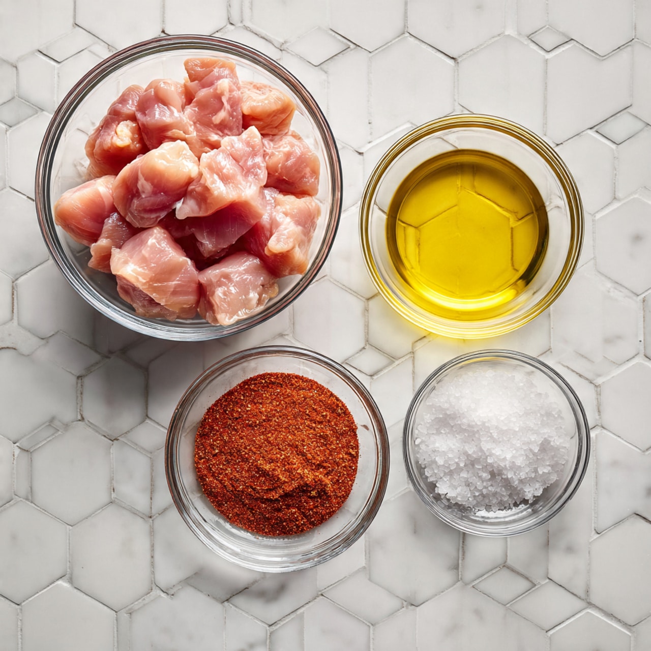 In the image, a clear glass bowl at the top center holds raw chicken pieces that are light pink and chunky with smooth, slightly shiny surfaces. Below this bowl, three smaller clear glass bowls are neatly spaced on a white marbled hexagon-tiled surface; the left bowl contains a mound of reddish-brown taco seasoning powder with a fine texture, the middle bowl holds golden yellow olive oil that appears smooth and reflective, and the right bowl is filled with coarse white salt crystals. Each ingredient is clearly separated, creating a clean and organized layout. photo taken with an iphone --ar 4:5 --v 7
