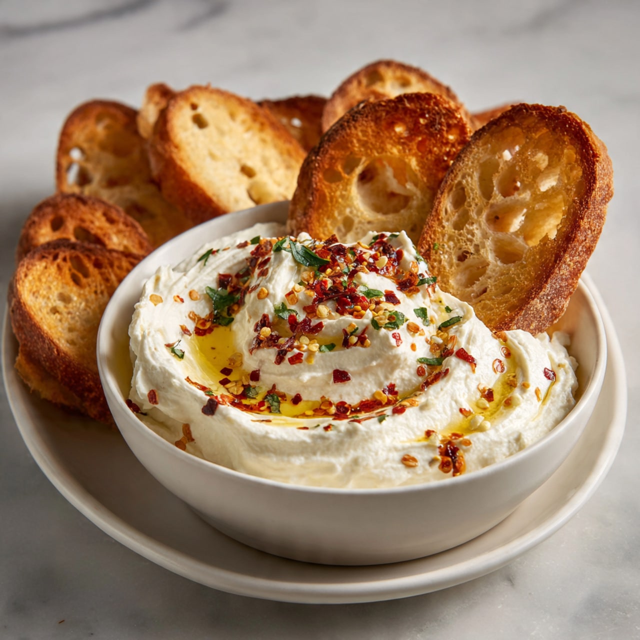 A shallow white bowl holds a smooth creamy white dip with swirls creating soft peaks and valleys. The dip is topped with a drizzle of golden oil mixed with red chili flakes and tiny green herb leaves, scattered evenly on the surface. Two toasted bread slices, golden brown with a crisp, bubbly texture and some holes, are partially dipped into the cream, resting on the edge of the bowl. Around the bowl, more toasted bread slices are loosely arranged on a white marbled surface, adding a warm contrast to the scene. photo taken with an iphone --ar 4:5 --v 7