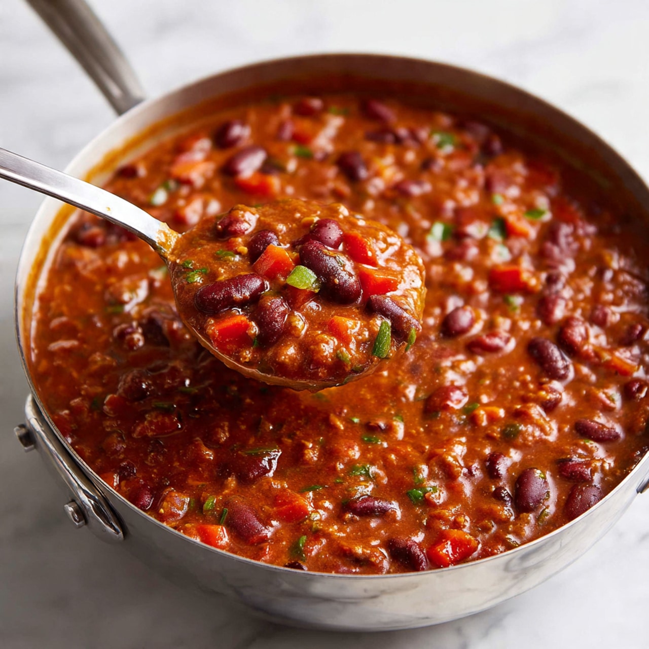 A close-up view of a silver pan filled with thick chili made of red kidney beans, black beans, chopped red bell peppers, and a rich reddish-brown sauce with a slightly chunky texture. The chili looks hearty and warm, with the beans and vegetables well mixed throughout. A silver ladle is scooping a portion of the chili from the pan, showing its dense and stew-like consistency. The pan sits on a white marbled surface. Photo taken with an iphone --ar 4:5 --v 7