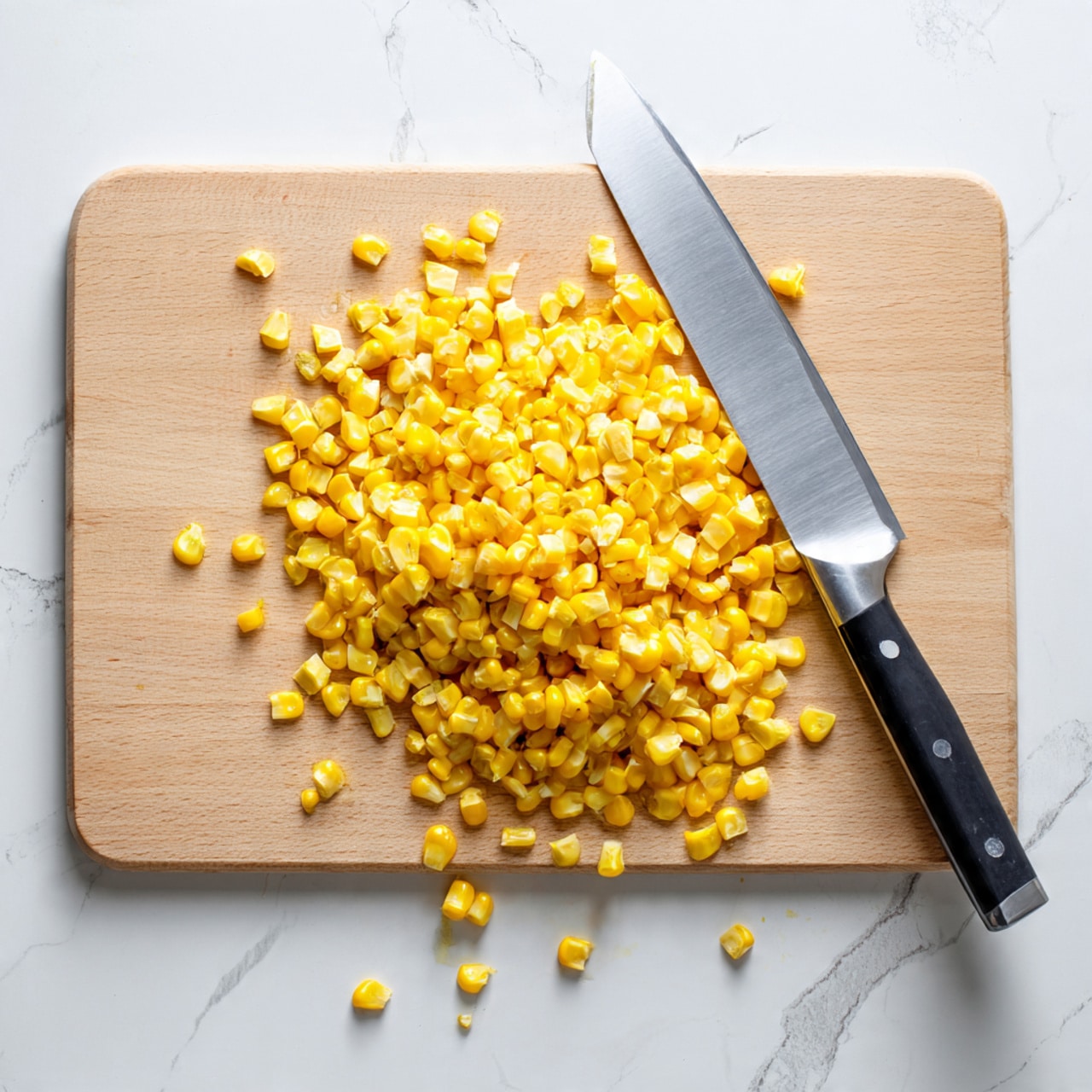 A light wooden cutting board on a white marbled surface holds many small bright yellow corn kernels scattered unevenly across it, with some pieces appearing as small chunks with texture. On the top right corner of the board lies a large knife with a shiny silver blade and a black handle, positioned diagonally. The bright yellow color of the corn contrasts with the natural wood and the clean white marbled surface. photo taken with an iphone --ar 4:5 --v 7