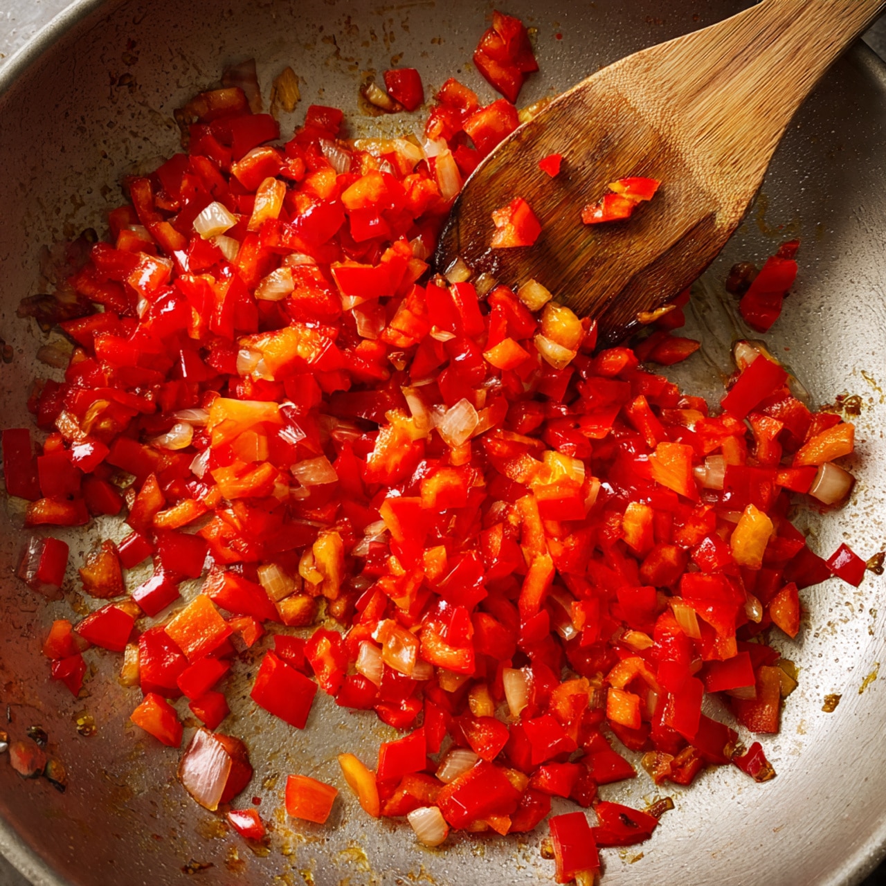 The image shows a close-up of a silver pan with small chopped red bell peppers and onions being cooked. The pieces are bright red and light yellow, mixed together, and slightly shiny from cooking oil. A wooden spatula is stirring the vegetables inside the pan, with some browned bits stuck to the spatula. The pan has a smooth metallic surface with slight food bits around the edges. The photo gives a warm and fresh feeling of cooking fresh vegetables on a stove. photo taken with an iphone --ar 4:5 --v 7