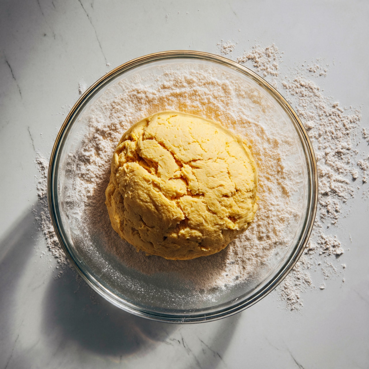 A ball of yellow dough with a slightly rough texture sits in the center of a clear glass bowl. The dough has small cracks and a matte finish, indicating it is soft but firm. The bowl rests on a white marbled surface that shows some flour dusted around, adding subtle texture to the scene. The lighting is bright and natural, highlighting the dough’s pale yellow color and the thin layer of flour on it. photo taken with an iphone --ar 4:5 --v 7