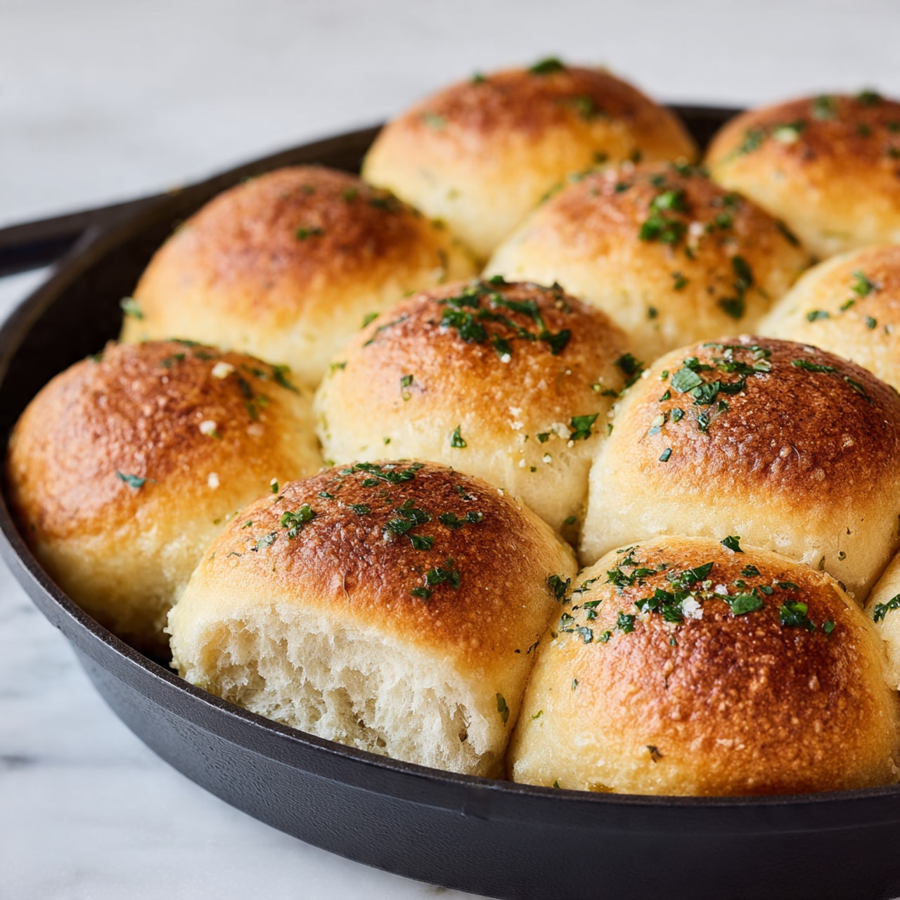 The image shows a close-up view of soft bread rolls stacked together in a black pan, placed on a white marbled surface. The bread rolls have a golden-brown crust on the outside with a light fluffy texture inside, visible on the torn top piece. There are small green herb flecks sprinkled on the tops of the rolls, adding texture and color contrast. The rolls appear slightly shiny, suggesting a light butter glaze on the surface. Photo taken with an iphone --ar 4:5 --v 7