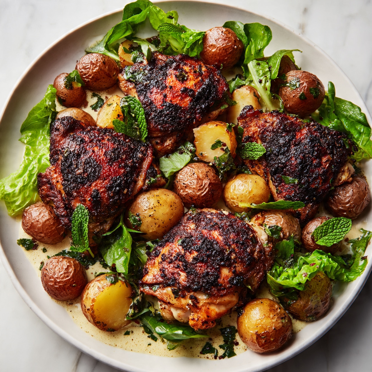 The image shows a dish with several grilled chicken pieces that have a dark, charred crust with a reddish-brown color on top, spread in the center of the picture. Around and under the chicken pieces, there are many small, light brown roasted potatoes, some whole and some sliced, with green herb leaves scattered on them. There are also some fresh green lettuce leaves mixed in between the chicken and potatoes. The whole dish sits on a white plate over a white marbled surface. The textures look crispy on the chicken and soft on the potatoes and lettuce, creating a rich and colorful visual. photo taken with an iphone --ar 4:5 --v 7