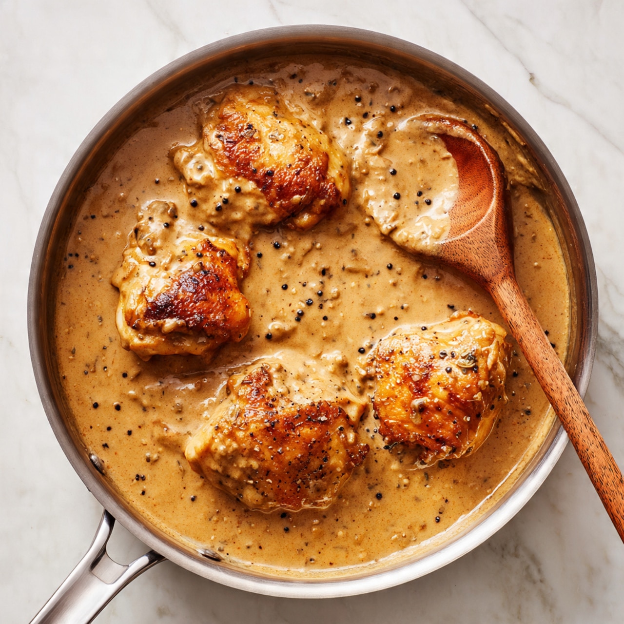 A stainless steel pan holds three golden-brown chicken pieces fully covered with a thick, creamy brown sauce. The sauce looks smooth with small specks of black pepper. A wooden spoon with a curved tip is partially dipped in the sauce on the right side of the pan, showing the glossy texture of the sauce. The pan sits on a white marbled surface, adding a clean and bright background to the warm tones of the dish. photo taken with an iphone --ar 4:5 --v 7