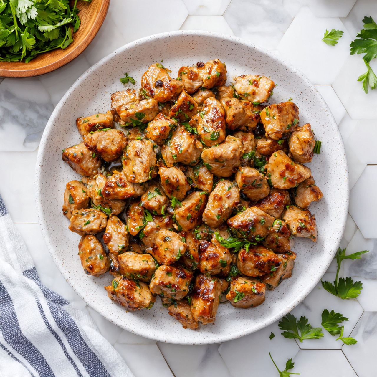 A large white speckled plate filled with small pieces of grilled meat, each piece golden brown with a slight char and glistening as if coated in a light sauce. The meat is scattered with bright green cilantro leaves, adding a fresh pop of color on top. The plate sits on a white marbled surface with hexagonal tile patterns, and small bits of cilantro are also scattered around the plate. A wooden bowl with fresh green herbs is partially visible to the upper left, and a white and blue striped cloth is near the bottom right. photo taken with an iphone --ar 4:5 --v 7