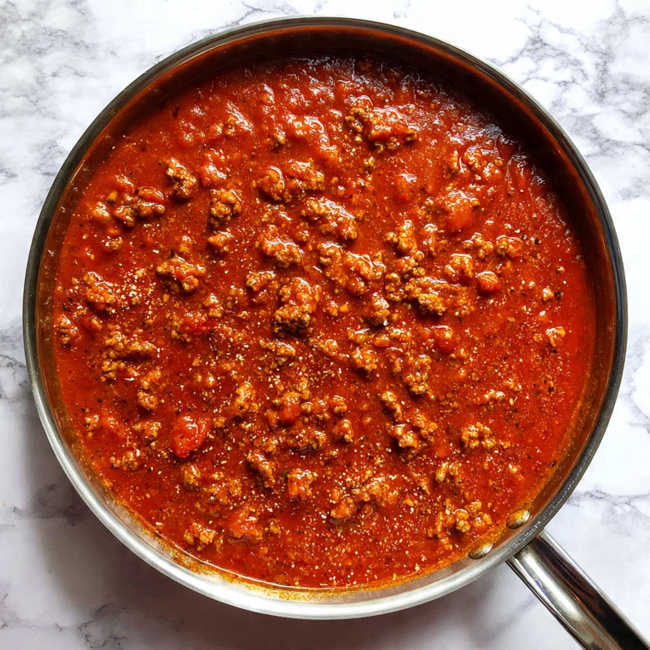 A close-up top view of a large stainless steel pan filled with rich, thick red meat sauce with visible small chunks of meat and tomato pieces. The sauce has a slightly glossy texture with tiny bubbles on the surface. The pan handle is stainless steel and extends to the right side, resting on a white marbled surface. photo taken with an iphone --ar 4:5 --v 7