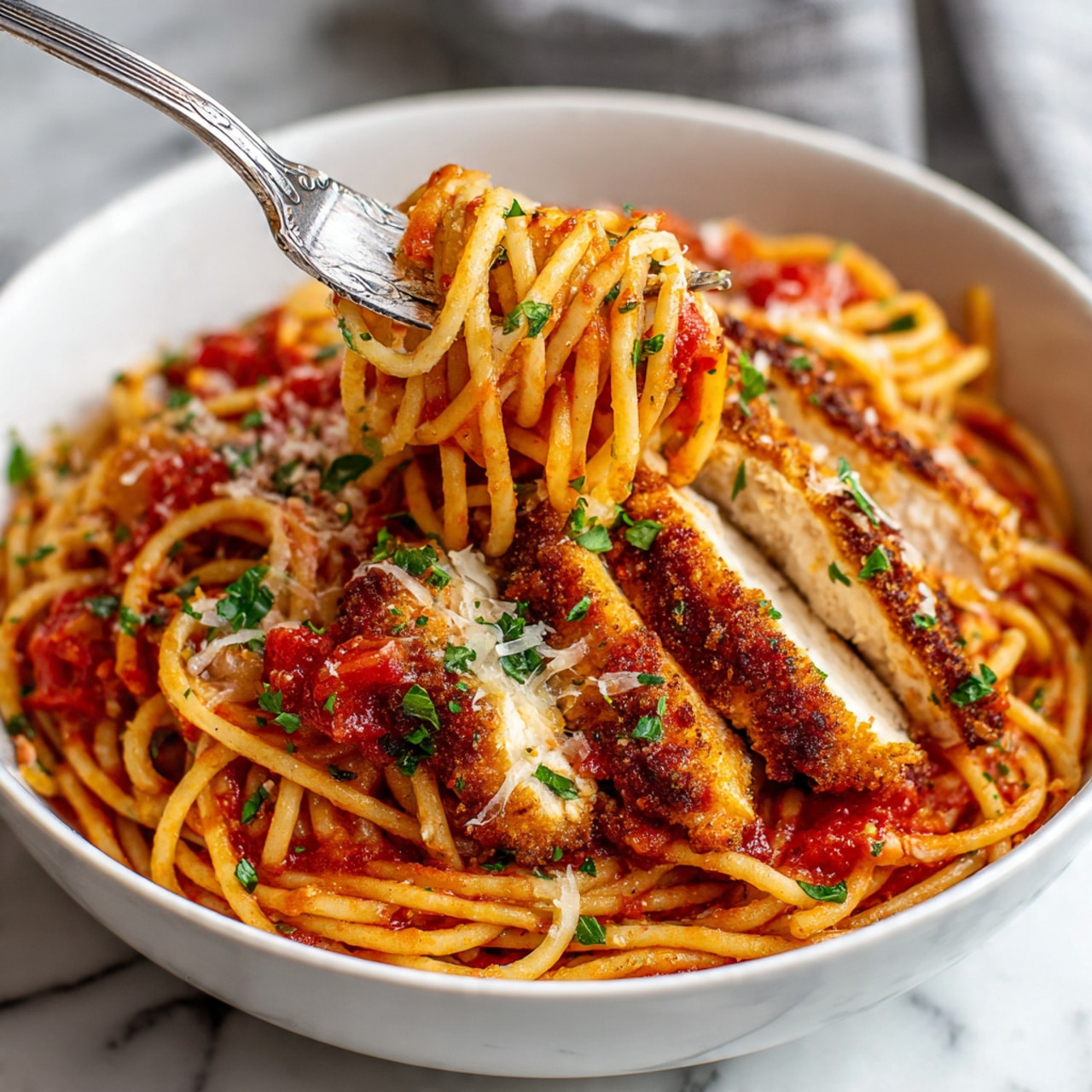 A white bowl filled with thick spaghetti noodles covered in rich red tomato sauce with visible chunks of tomato and small green herbs sprinkled throughout. On top, there are several pieces of breaded, cooked chicken slices layered with melted light brown cheese and garnished with finely chopped green herbs. A detailed silver fork is stuck into the noodles, lifting up a piece of the chicken and some pasta, showing the tender white inside of the chicken. The bowl is placed on a white marbled surface. photo taken with an iphone --ar 4:5 --v 7