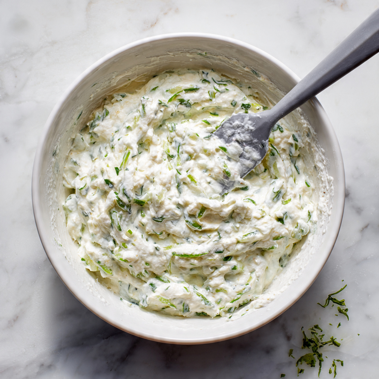 Tzatziki Chicken Salad Recipe 4 A white bowl holds a creamy mixture that looks thick and textured, with a mostly white base made from yogurt or a similar ingredient. Mixed throughout are many small green herbs and thin green strips resembling cucumber, evenly spread inside the bowl. A gray spatula rests in the bowl, partially covered by the creamy mixture with some of it lifted slightly. The bowl is placed on a white marbled surface with a few small bits of green herbs scattered on the side. photo taken with an iphone --ar 4:5 --v 7