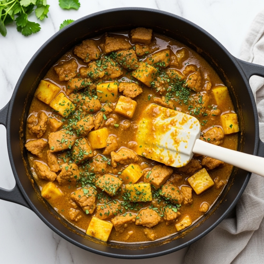 A white bowl filled with two layers: the bottom layer is light brown cooked rice with a soft, fluffy texture, and the top layer is a mix of golden yellow and orange chunks of cooked vegetables and small pieces of meat, covered in a yellowish sauce with some red flecks. The dish is sprinkled with fresh green chopped herbs on top. The bowl is placed on a wooden board with scattered green herbs around it, and the background is a white marbled surface. Photo taken with an iphone --ar 4:5 --v 7