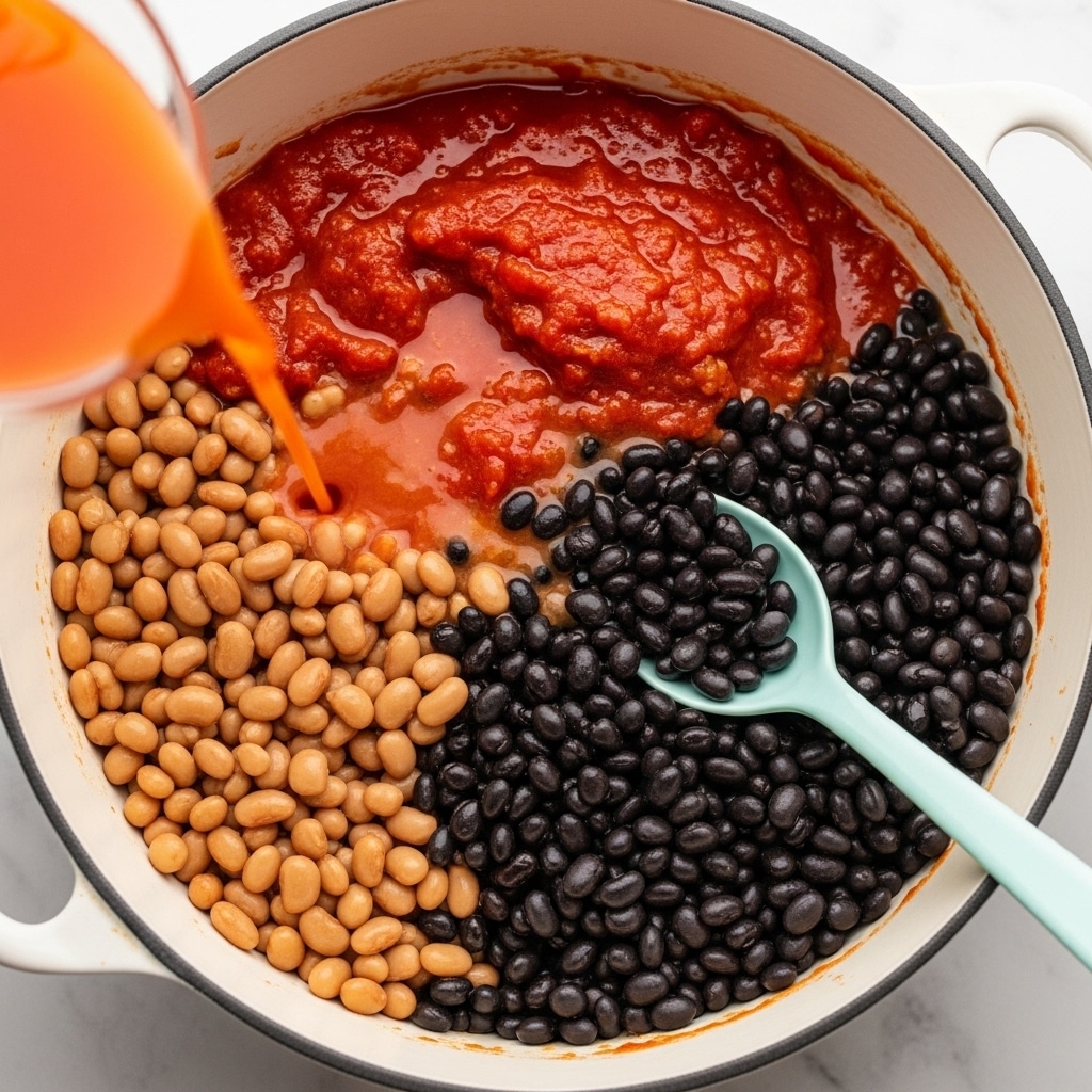 A white pot is filled with three main layers: on the left are light brown beans, on the right are shiny black beans, and above them is a rich red tomato mixture. Orange liquid is being poured into the pot from above left. A light blue spoon rests in the pot, slightly covered by black beans. The pot is on a white marbled surface. photo taken with an iphone --ar 4:5 --v 7