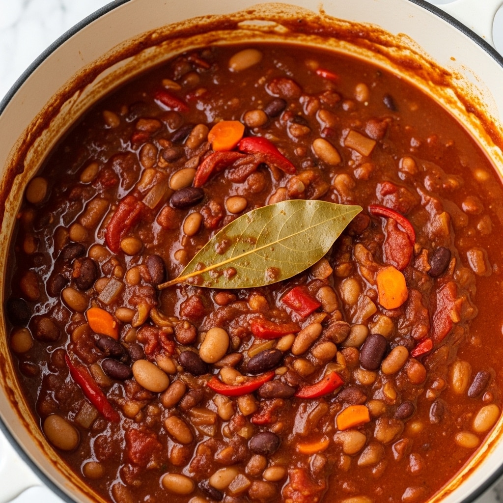 This image shows a close-up of a thick stew or chili in a white pot filled with layers of different beans including black and pinto, chopped carrots, tomatoes, and pieces of red bell pepper. The stew has a rich, dark red sauce with visible chunks of vegetables and spices, including a dried bay leaf resting on top. The texture looks thick and hearty with a glossy finish, and the pot sides are stained with the sauce. The background is a white marbled texture photo taken with an iphone --ar 4:5 --v 7
