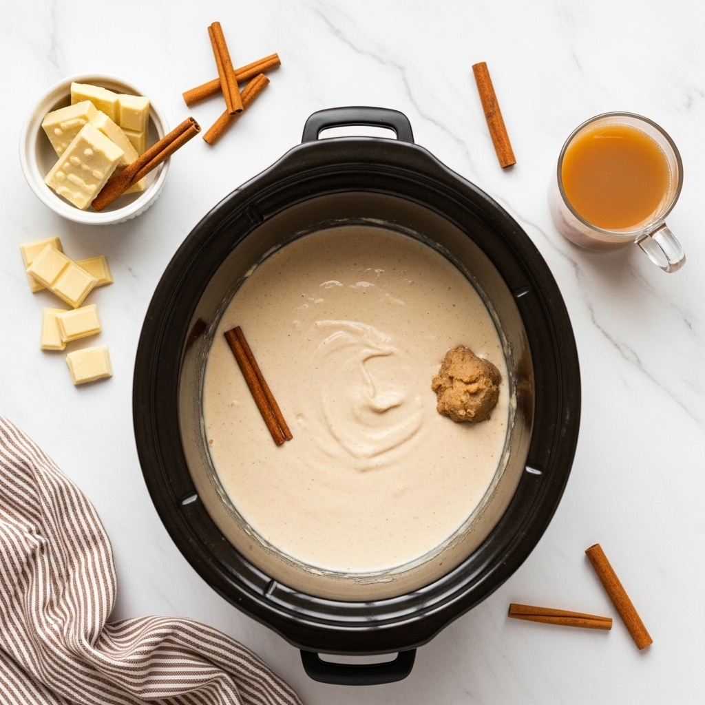 A black slow cooker filled with a creamy light beige mixture with a smooth texture and a few small lumps near the center right. Inside the slow cooker, a stick of cinnamon is partially submerged vertically on the left side. Around the slow cooker on the white marbled surface, there are cinnamon sticks scattered, a small white bowl holding blocks of off-white colored chocolate with a cinnamon stick, three white chocolate squares beside the bowl, a clear glass cup filled with light brown liquid to the right, and part of a brown and white striped cloth near the bottom left corner. photo taken with an iphone --ar 4:5 --v 7